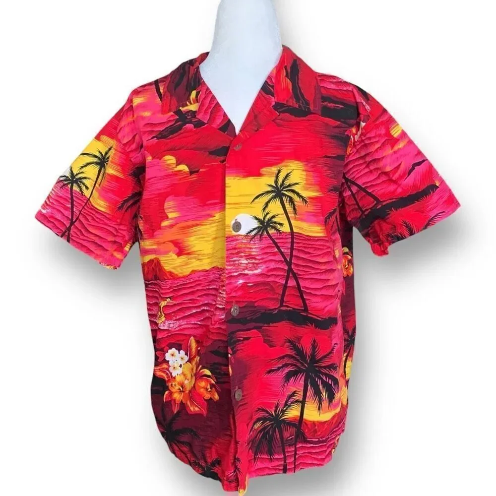 Vintage Palmwave‎ Hawaii Shirt Fuchsia Pink Sunset Surfer Tropical Floral Print